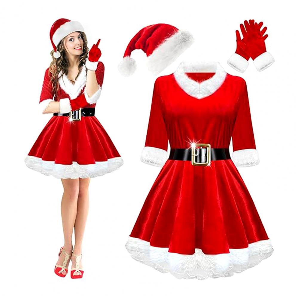 Elf Costume Christmas - ชุดคอสตูมคุณนายซานตาคลอสสำหรับผู้หญิง 4 ชิ้น ชุดซานตาคลอสผู้ใหญ่ ชุดกำมะหยี่ซานตาคลอสพร้อมเข็มขัด หมวกซานตาคลอส