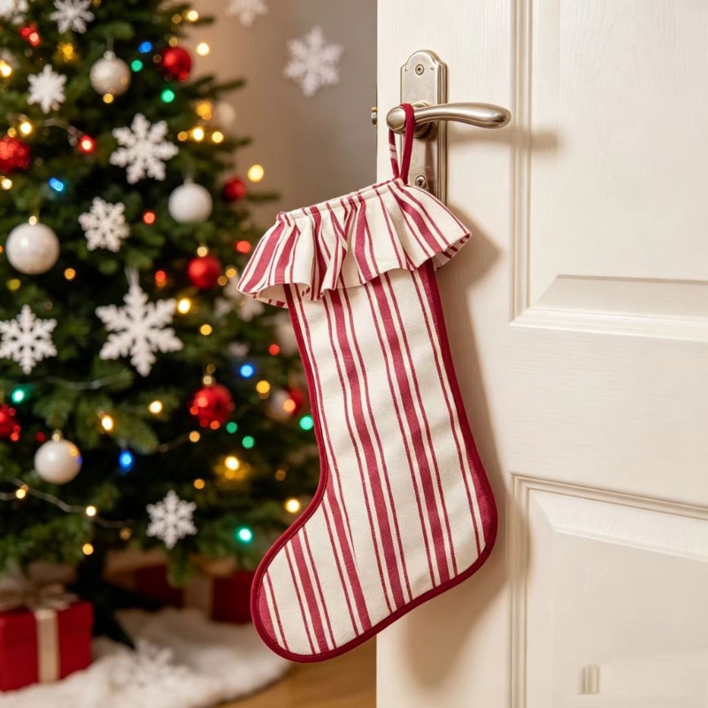 Christmas Stocking Hanging - ถุงน่องคริสต์มาส Burlap Textured Top Ruffle ห่วงแขวนสำหรับ