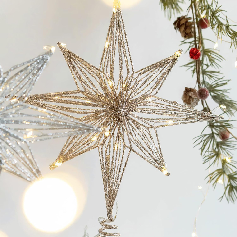 Star Tree Topper - ไฟประดับต้นคริสต์มาสรูปดาว LED ขนาด 30 ซม. พร้อมไฟสายตกแต่งบ้านสำหรับงานปาร์ตี้ในช่วงเทศกาลวันหยุดปีใหม่