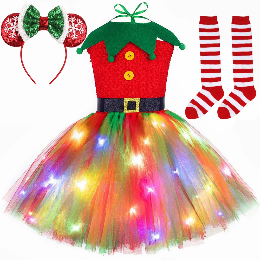 Elf Costume Christmas - ชุดกระโปรงบัลเลต์คริสต์มาสสีแดงเขียว ผ้าทูลล์ ชุดเจ้าหญิง ชุดเอลฟ์สำหรับเด็กผู้หญิง ไฟ LED