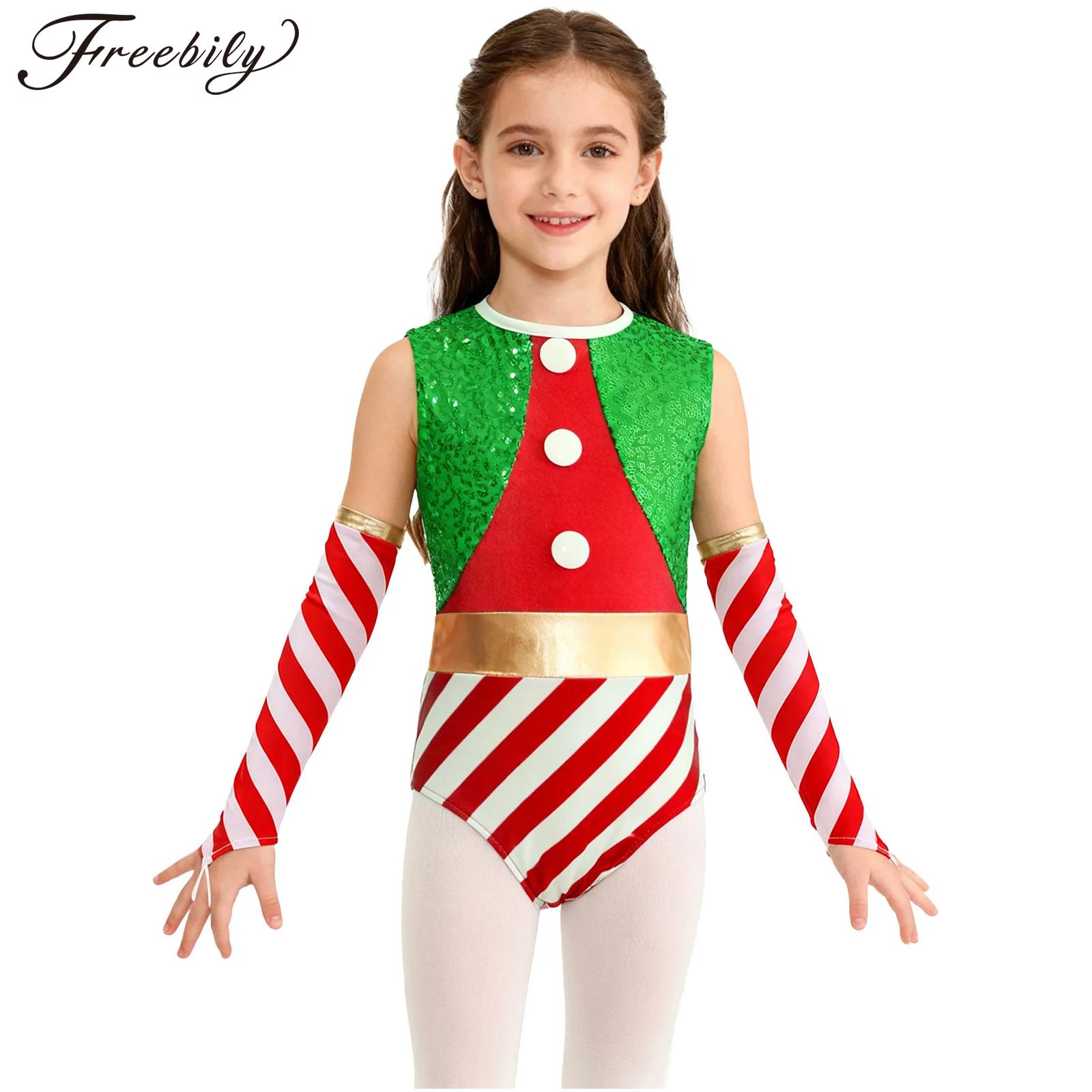 Elf Costume Christmas - ชุดคอสเพลย์เอลฟ์ซานต้าคริสต์มาสสำหรับเด็กผู้หญิง ชุดแฟนซีงานคาร์นิวัล ลายลูกกวาด แถบเลื่อม ชุดบอดี้สูทเต้นบัลเลต์ยิมนาสติกมีแขน