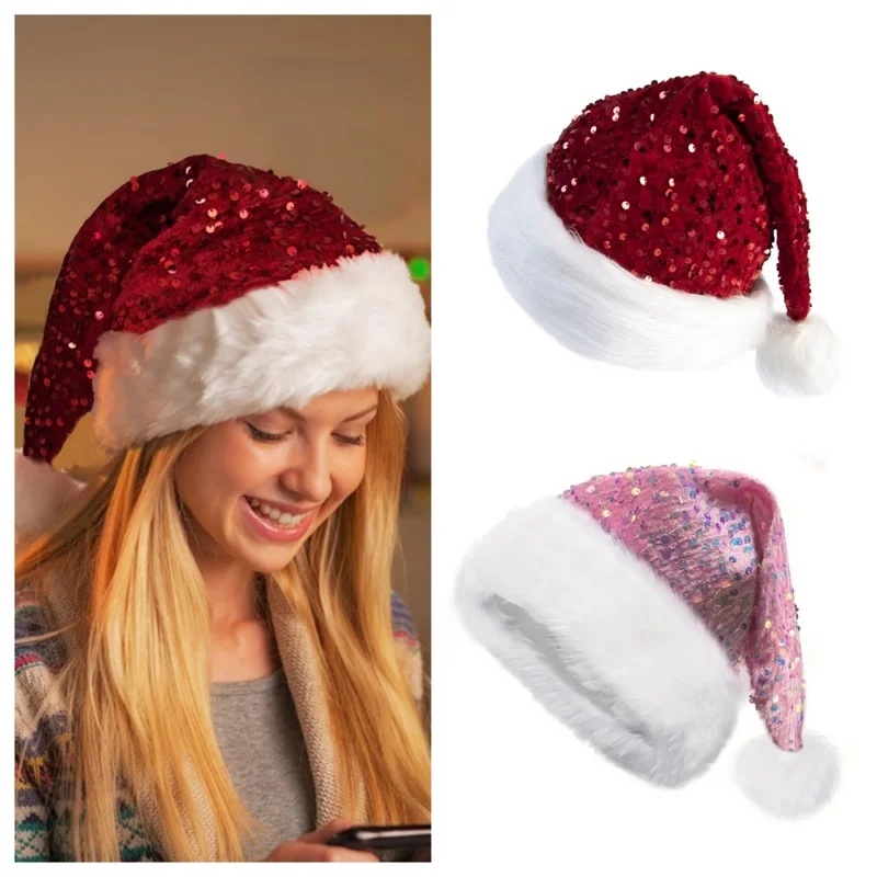 Santa Hat Plush - หมวกคริสต์มาสสองชั้นประดับเลื่อมพร้อมปอมปอมขนยาว หมวกซานตาคลอสสำหรับผู้ใหญ่และเด็ก ตกแต่งงานปาร์ตี้คริสต์มาส